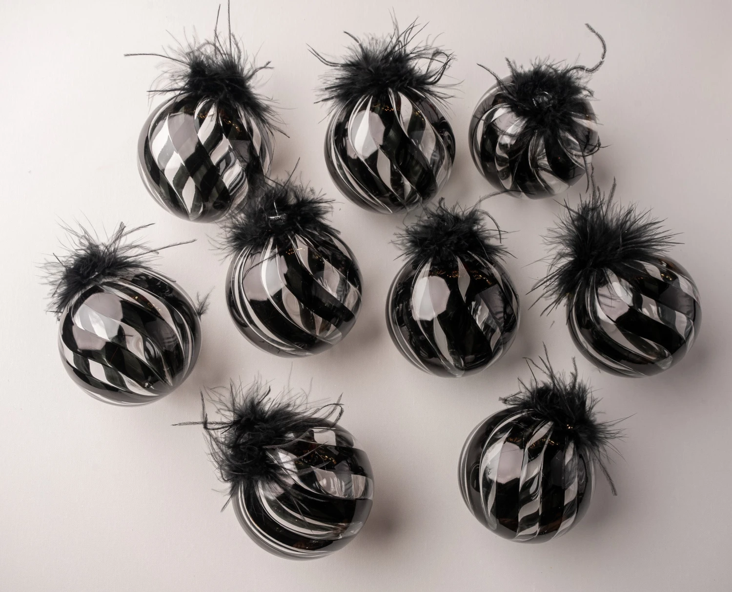 5" Black Feathered Glass Ball Ornament Set Of 9