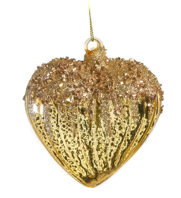 4" Gold Heart & Ball Glitter Ornament Set Of 12 - Image 2