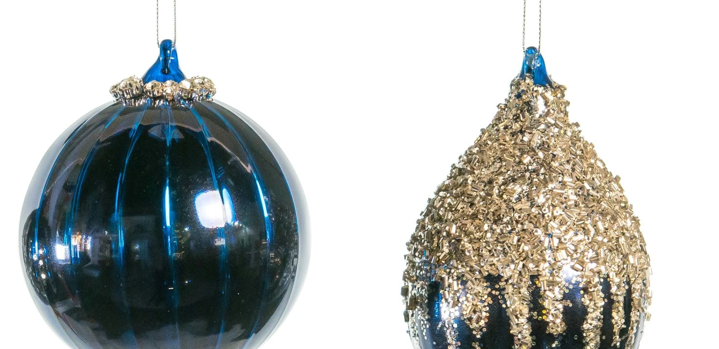 4" Blue Shiny Beaded Ornament Assorted Set Of 12 - Image 2