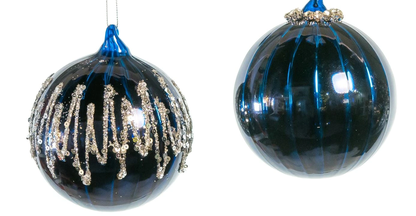 4" Blue Shiny Beaded Ornament Assorted Set Of 12 - Image 3