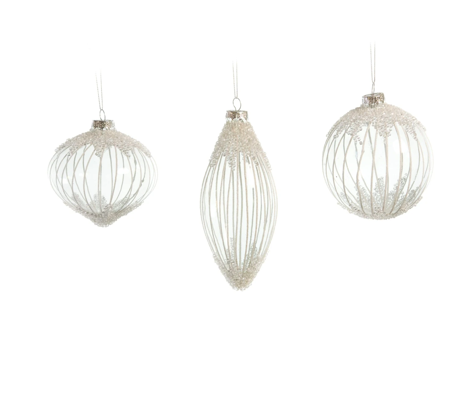 4" Crystal White Beaded Ornament Assorted Set Of 12