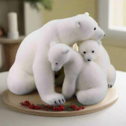 17" Momma Polar Bear With Cubs