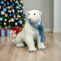 19" Sitting Polar Bear With Blue Scarf
