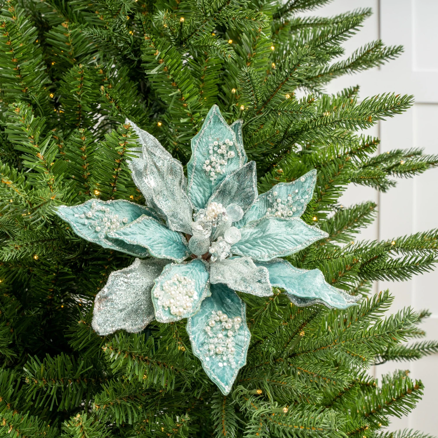 18" Poinsettia Stem With Leaves Set Of 6 - Image 2