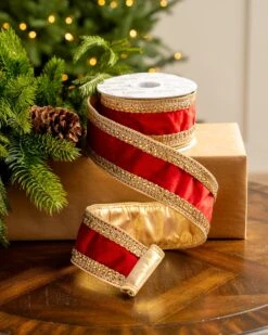 2.5" X 10YD Red Velvet Ribbon With Gold Back & Crochet Trim