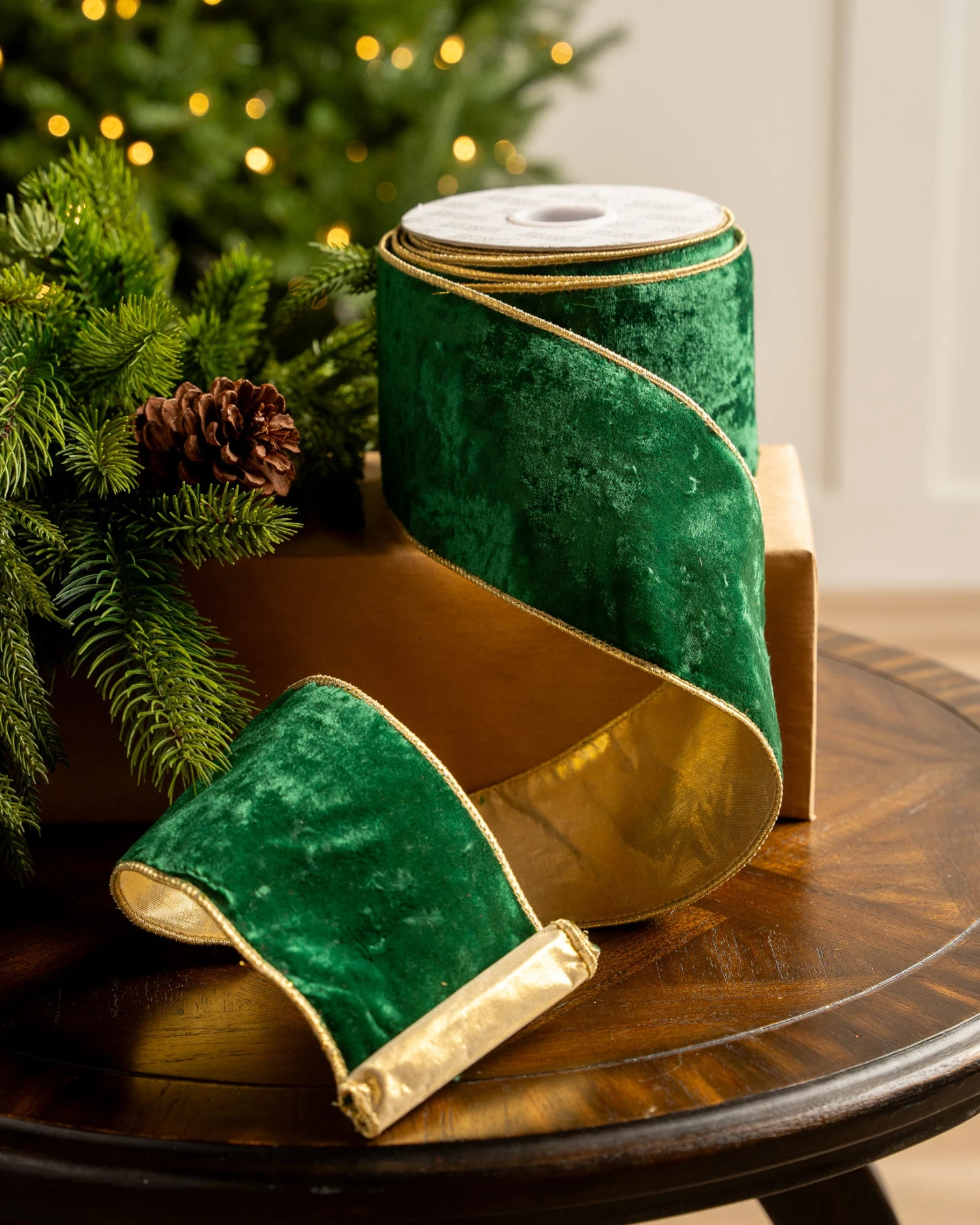 4" X10YD Emerald Velvet Ribbon With Gold Back & Edge