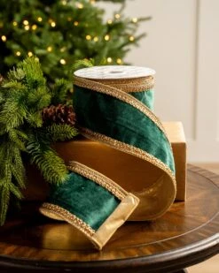 4" X10YD Emerald Velvet Ribbon With Gold Crotchet Trim