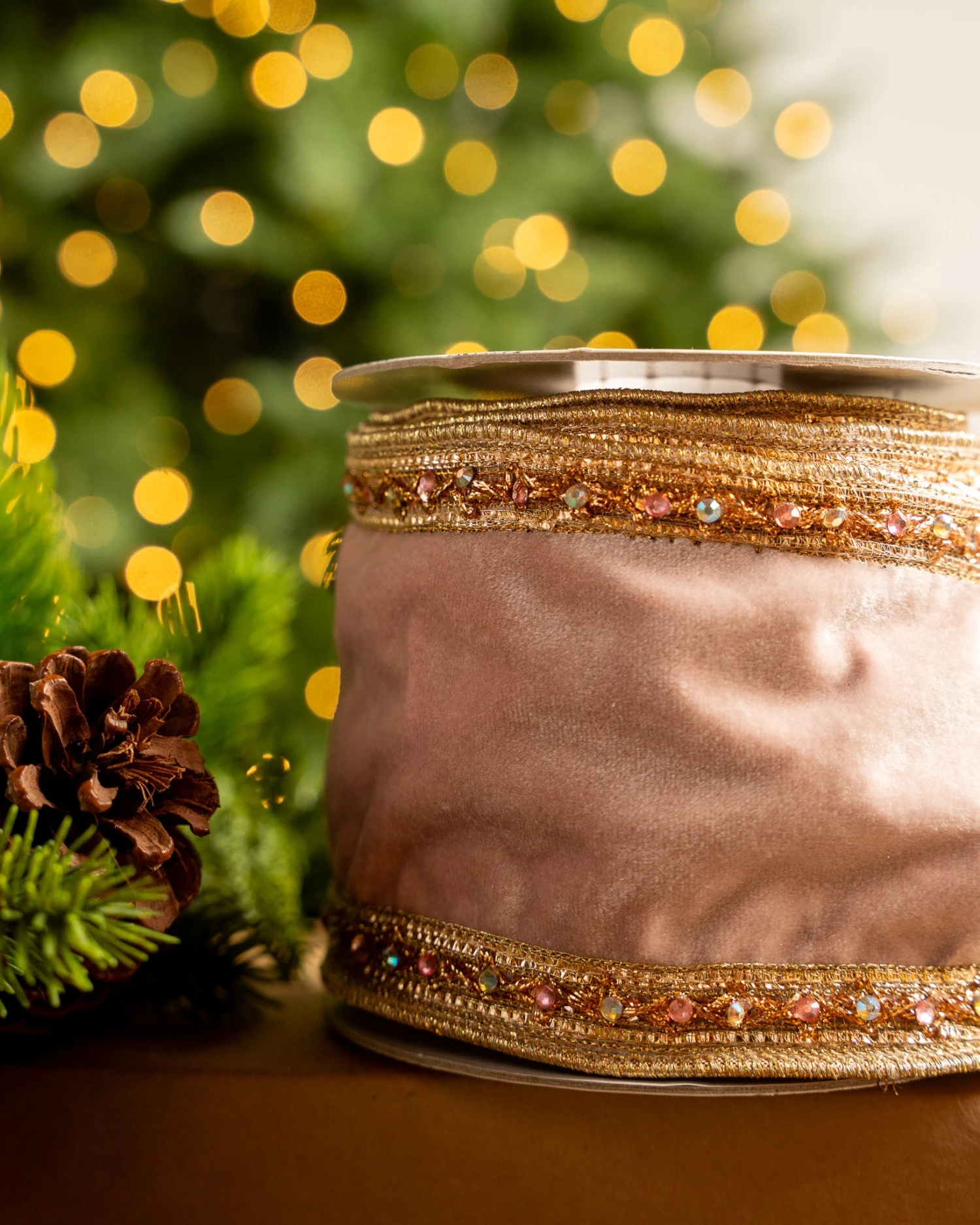 4" X5YD Rose Velvet Ribbon With Rose Gold Jewel Trim - Image 2