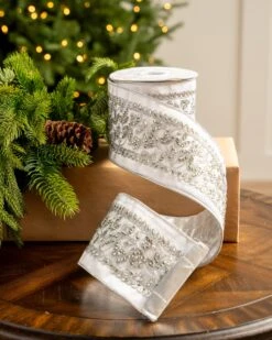 4" X5YD White Velvet Ribbon Beaded In Silver