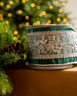 4" X5YD Emerald Velvet Ribbon Beaded In Silver
