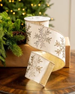 4" X10YD Ivory Ribbon With Gold Glitter Snowflake