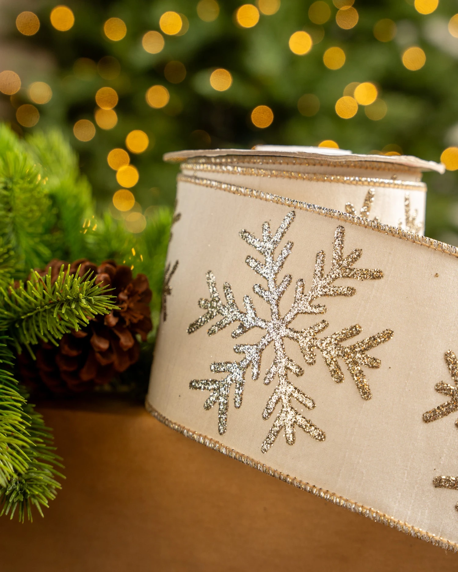 4" X10YD Ivory Ribbon With Gold Glitter Snowflake - Image 2