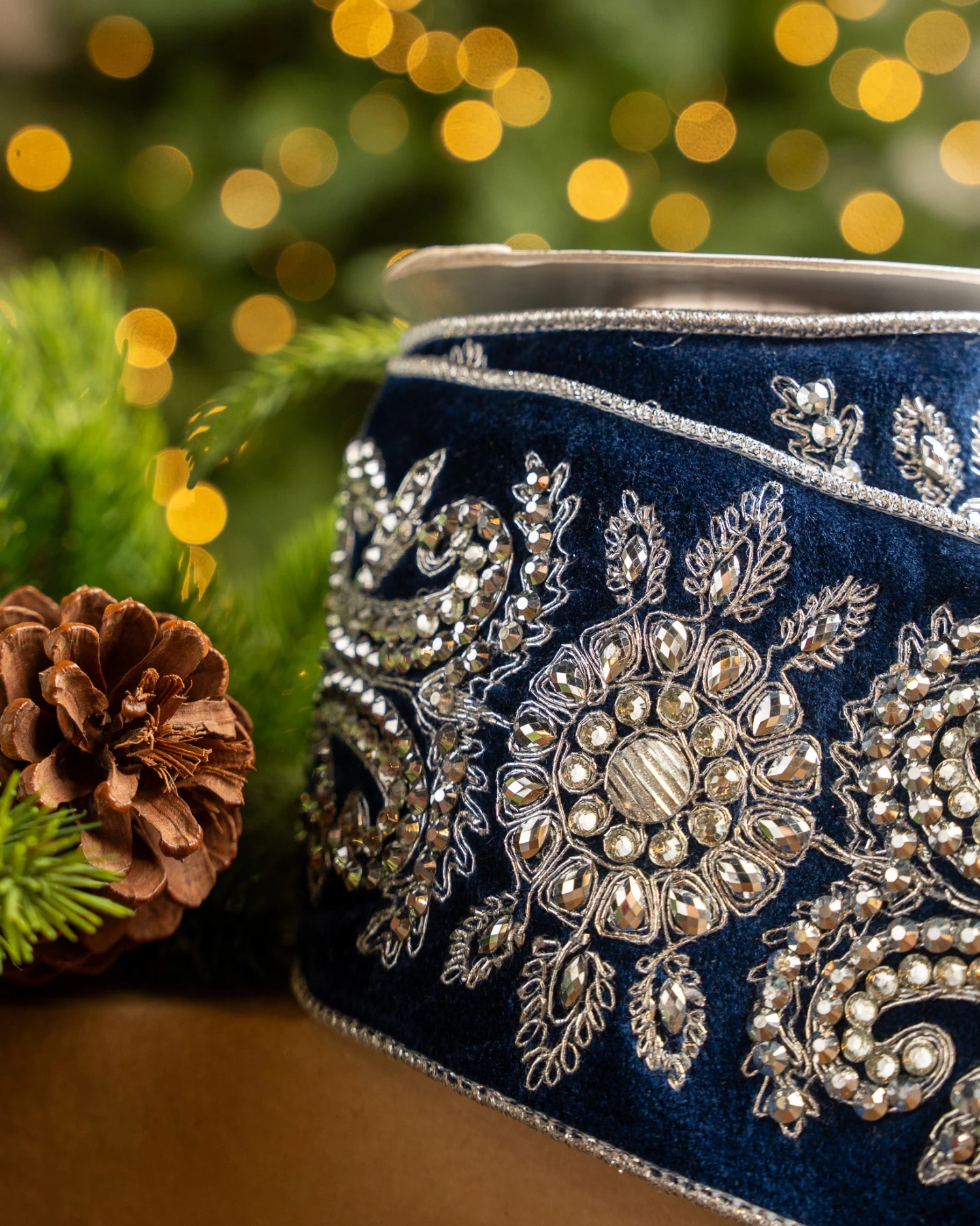 4" X5YD Navy Velvet Ribbon With Silver Beaded Jewels - Image 2