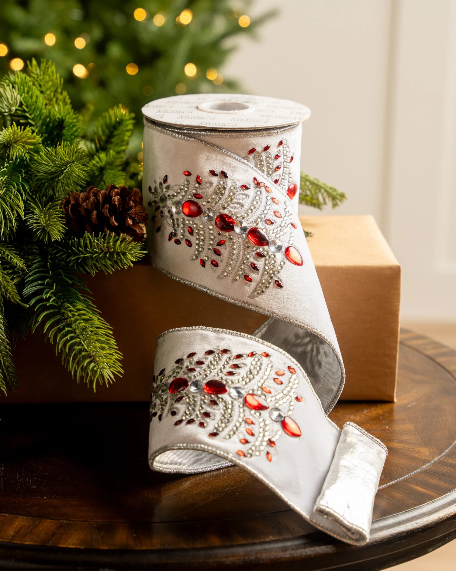 4" X5YD White Velvet Ribbon With Red Jewels