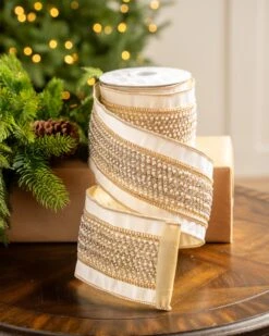 4" X5YD White Ribbon With Lattice Pearls