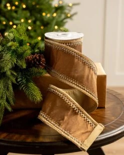 4" X5YD Brown With Gold Crotchet Trim Edge