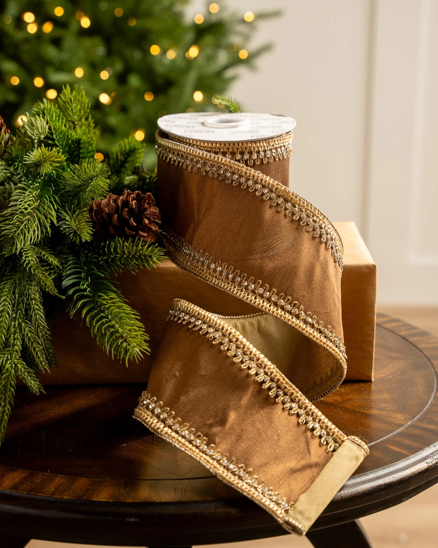 4" X5YD Brown With Gold Crotchet Trim Edge 3 4" X5YD Brown With Gold Crotchet Trim Edge