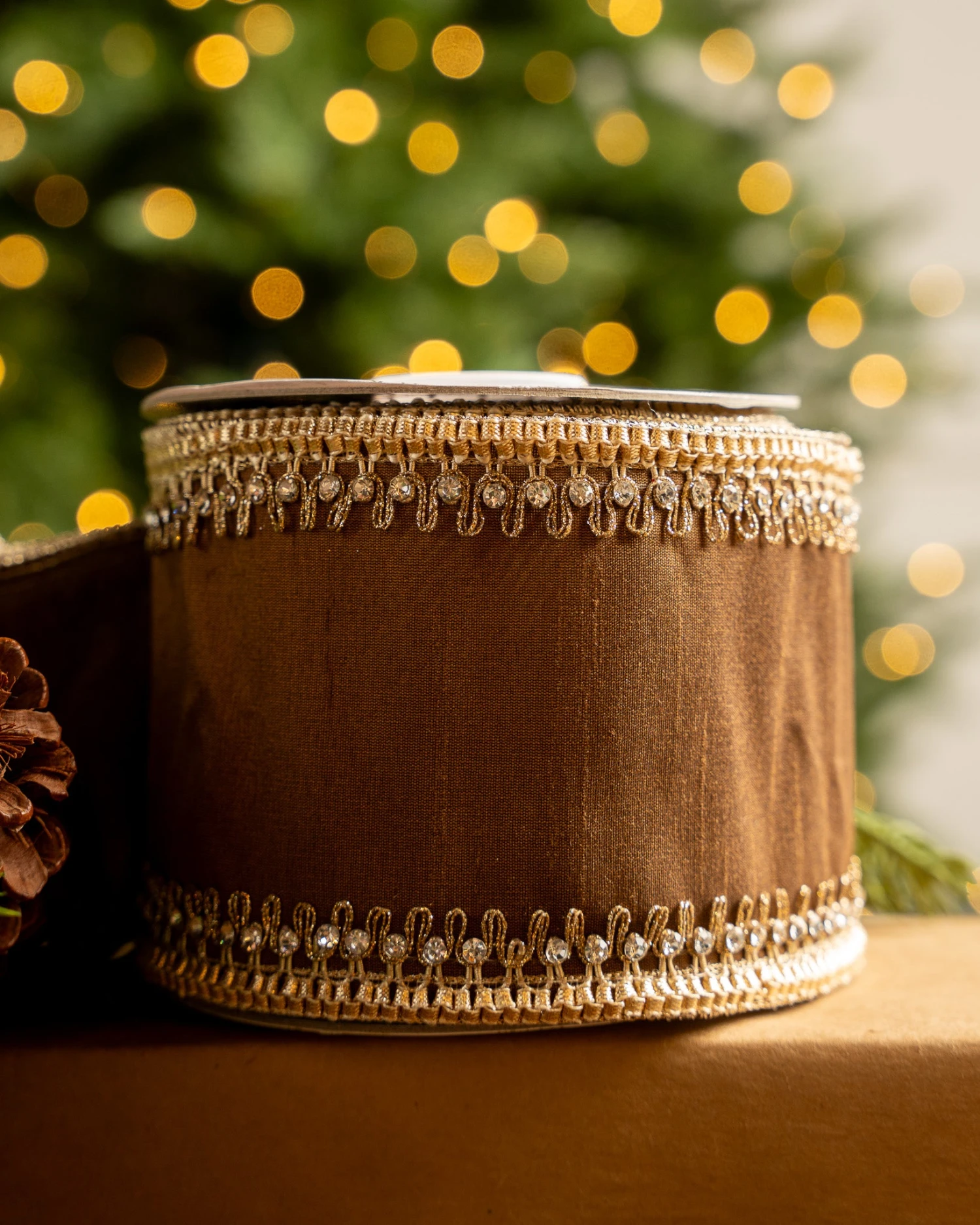 4" X5YD Brown With Gold Crotchet Trim Edge 4 4" X5YD Brown With Gold Crotchet Trim Edge - Image 2