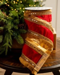 4" X10YD Red Velvet Ribbon With Mirror On Edge