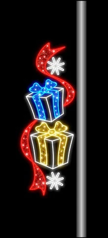 6 FT X 2 FT LED Warm White Gold & Blue Gift Boxes Pole Banner