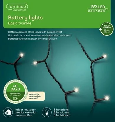 47 FT 192 LED Warm White Black Wire 8 Function Twinkle Battery Operated - Image 3